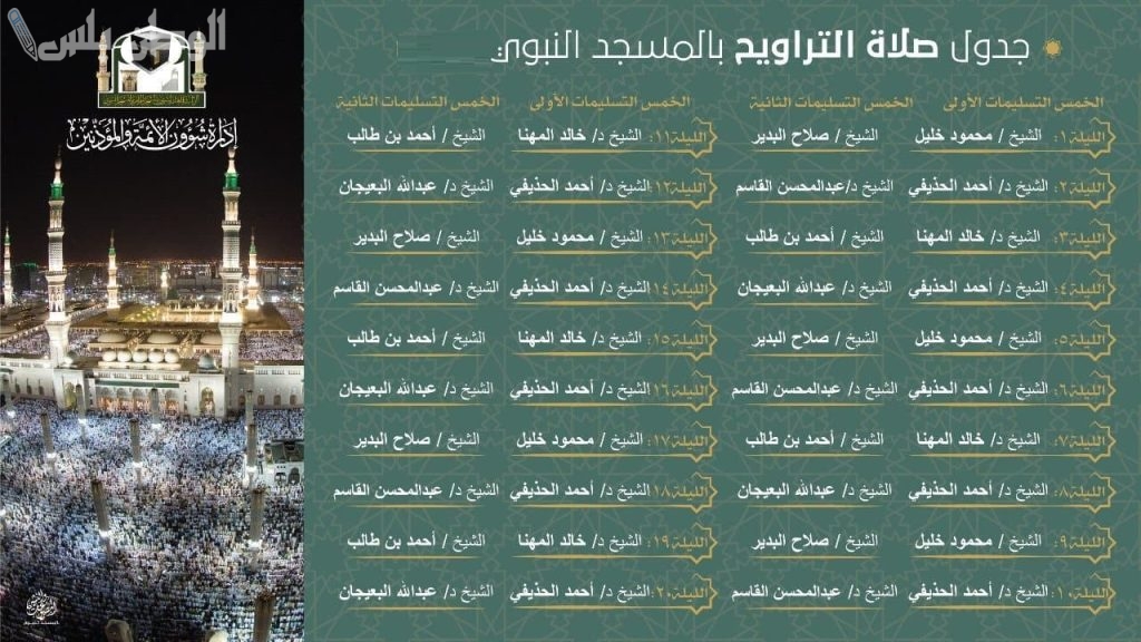 جدول أئمة المسجد النبوي لصلاة التراويح 2025 حسب إعلان شؤون الأئمة والمؤذنين
