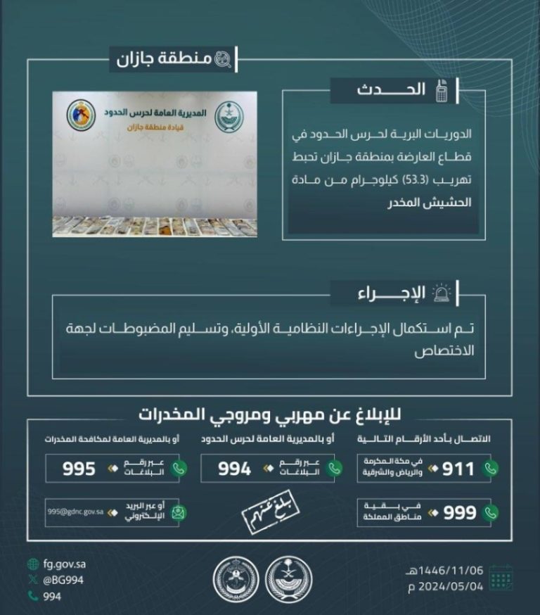 إحباط تهريب 53.3 كجم من الحشيش في العارضة