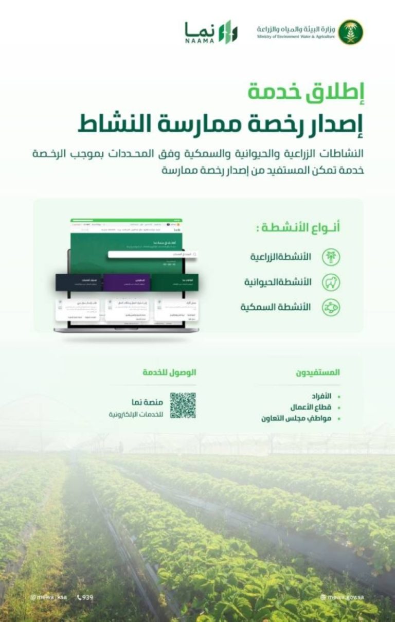 إطلاق خدمة جديدة لرخص الأنشطة الزراعية والحيوانية والسمكية عبر “نما” من قبل “البيئة”