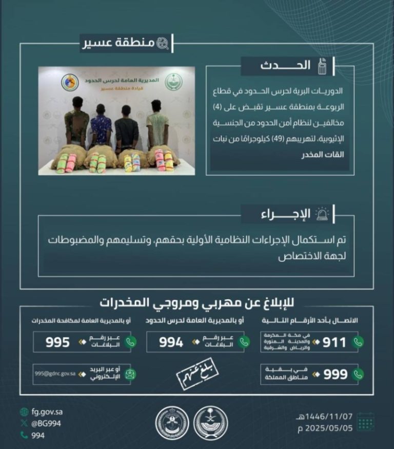 إلقاء القبض على 4 مهربين بحوزتهم 49 كجم من القات في “الربوعة”