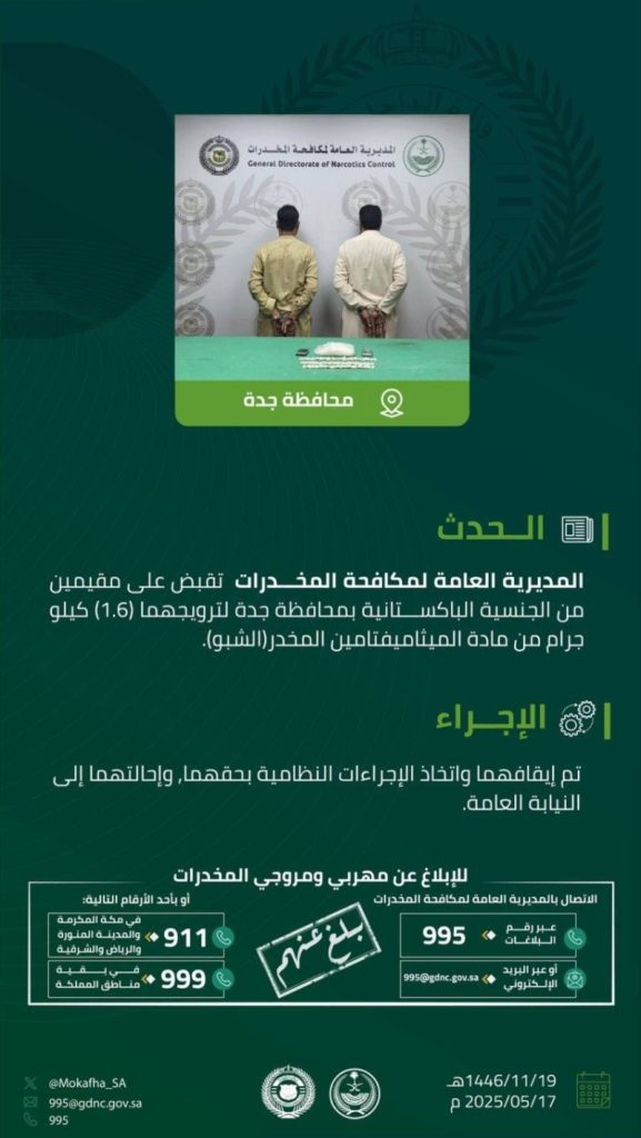 إلقاء القبض على مقيمين في جدة بتهمة الترويج لـ(1.6) كجم من (الشبو)