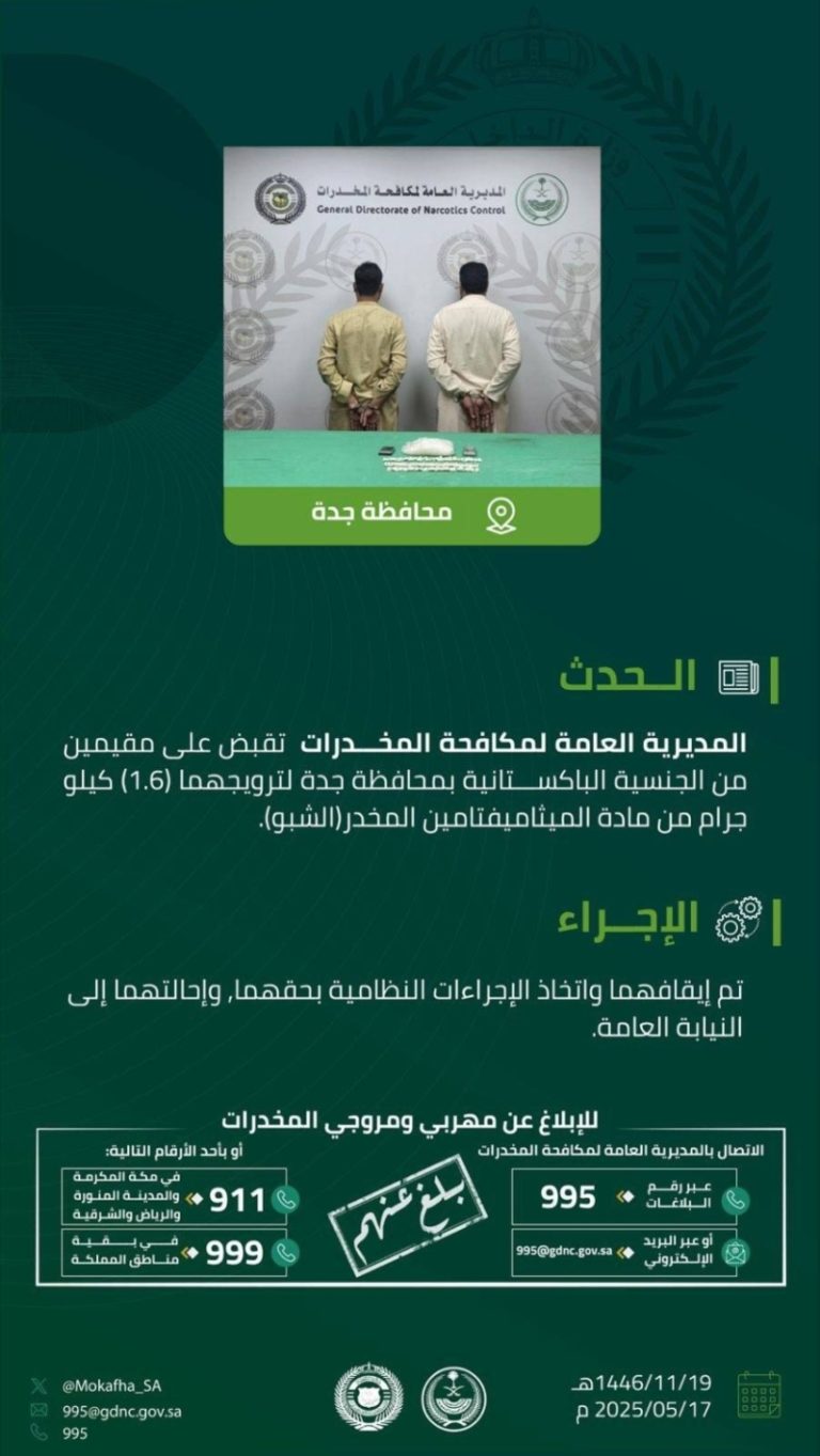 إلقاء القبض على مقيمين في جدة بتهمة الترويج لـ(1.6) كجم من (الشبو)