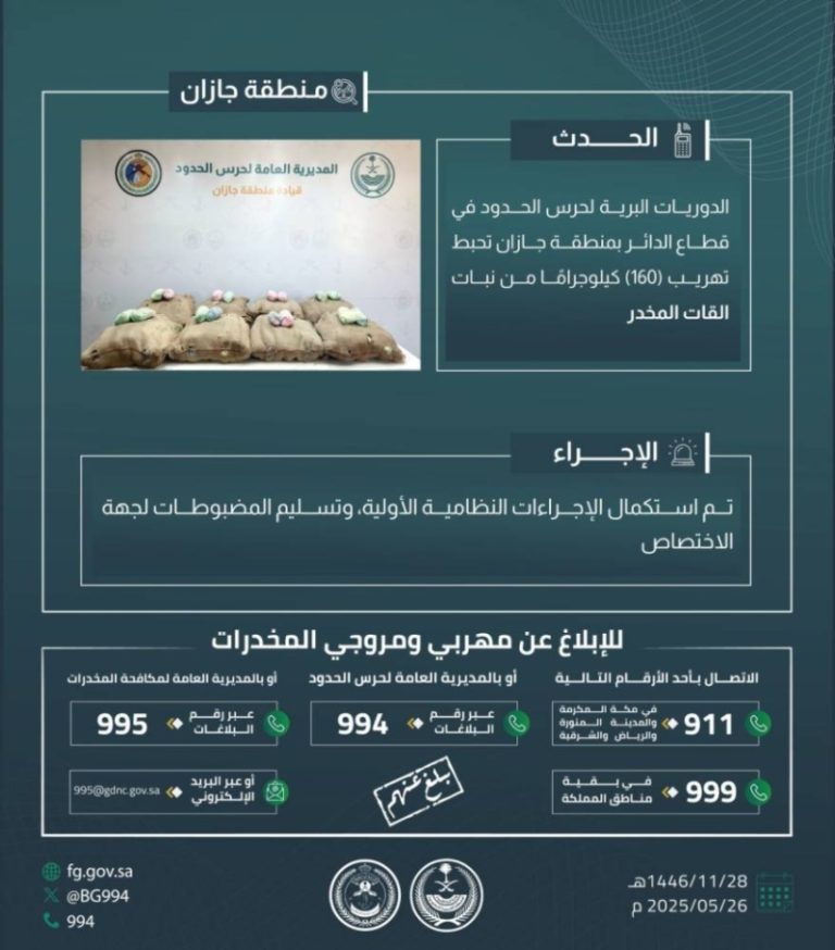 احباط حرس الحدود بجازان محاولة تهريب 160 كيلوجرامًا من نبات القات المخدر