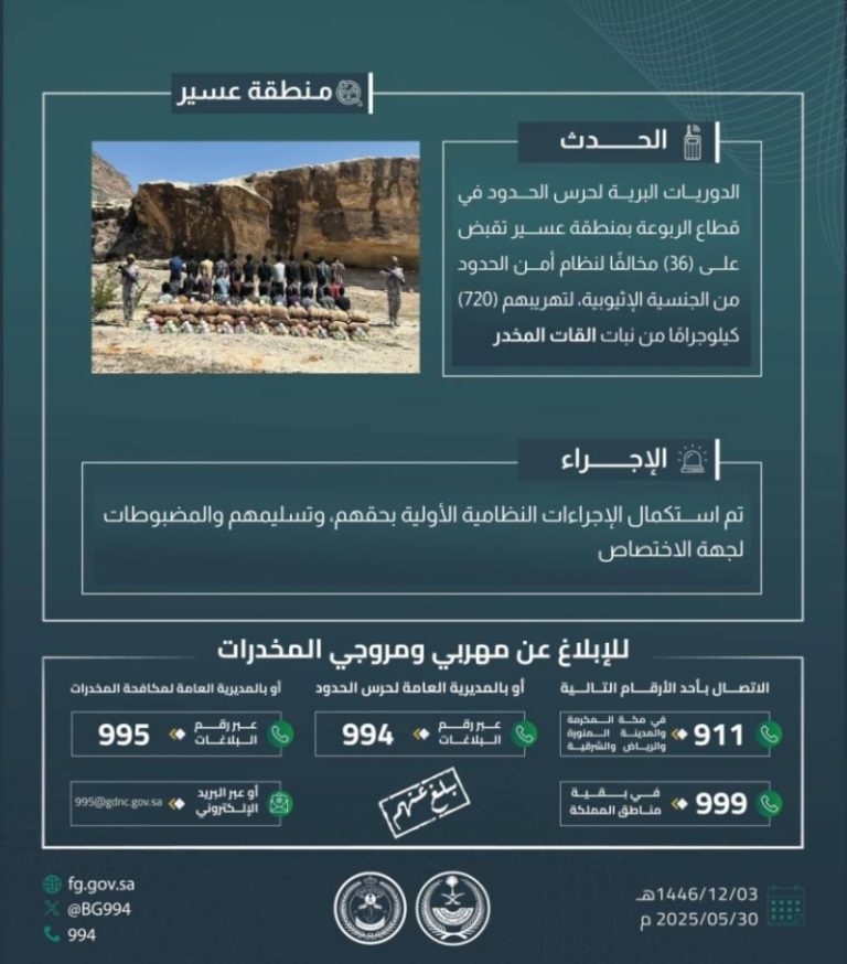 اعتقال (36) مهربًا لتهريب (720) كجم من القات في “الربوعة”