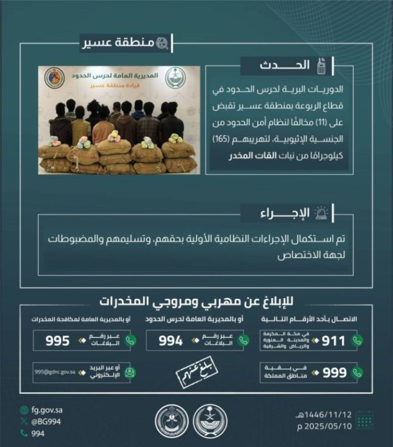 القبض على 11 مهربًا بتهمة تهريب 165 كجم من القات في الربوعة