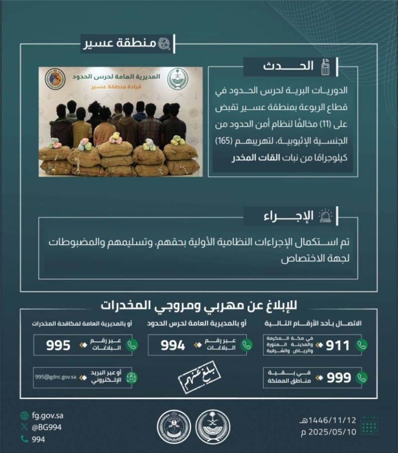 القبض على 11 مهربًا بتهمة تهريب 165 كجم من القات في الربوعة