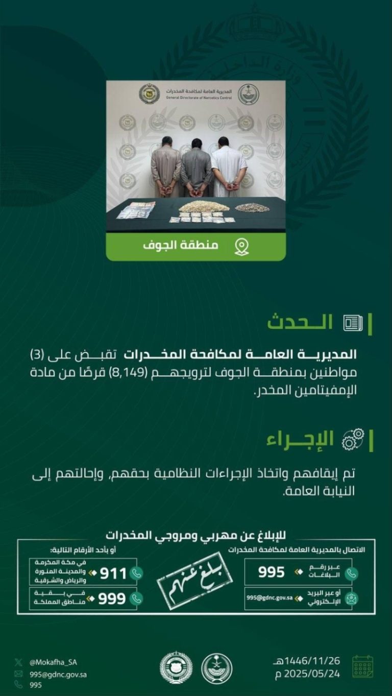 القبض على 3 روّجوا 8149 قرصًا مخدرًا في الجوف