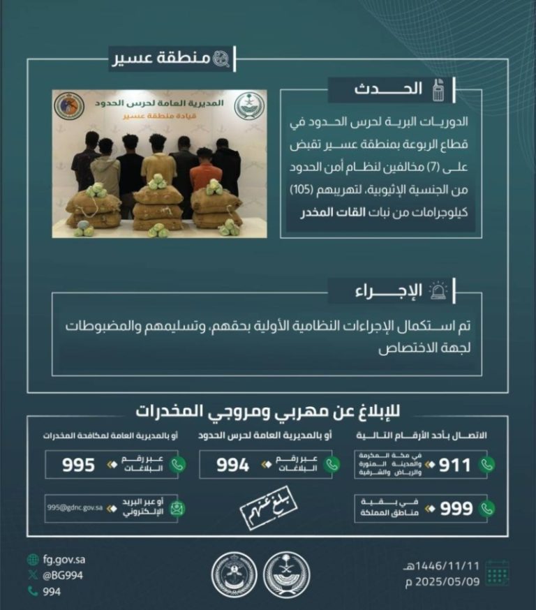 القبض على سبعة مهربين بحوزتهم 105 كجم من القات في الربوعة