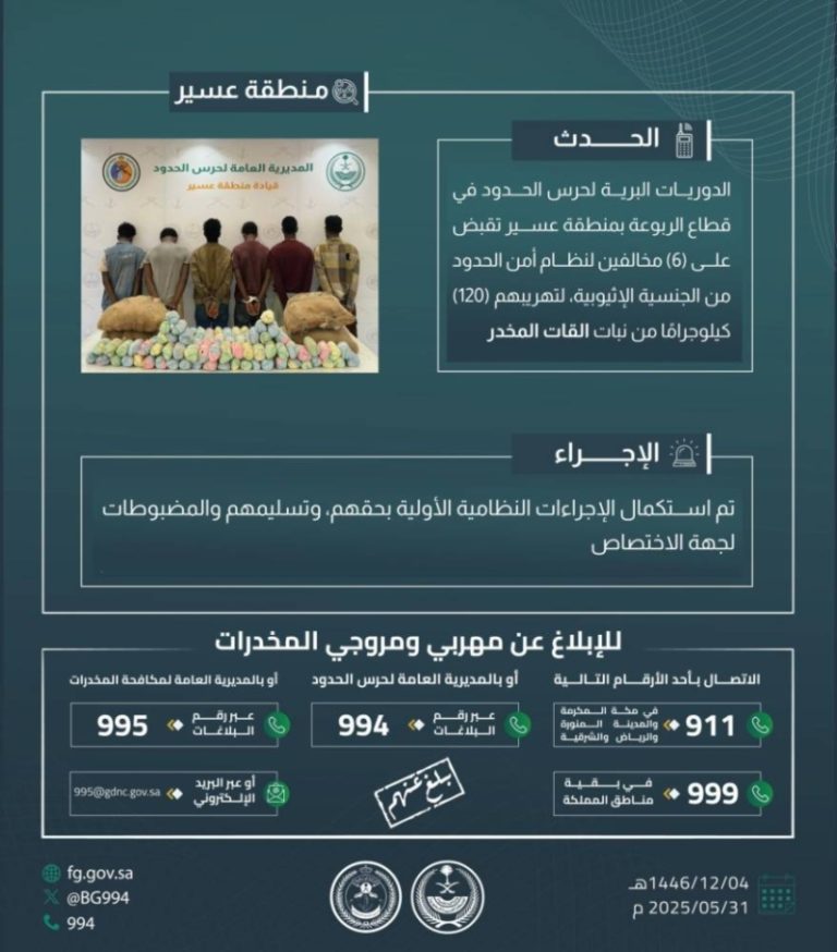 القبض على ستة مخالفين أثناء تهريب 120 كجم من القات في الربوعة