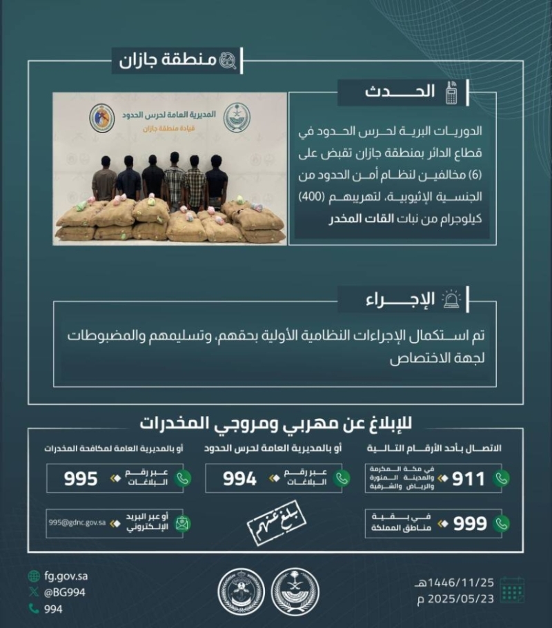 القبض على ستة مهربين في الدائر بتهمة تهريب 400 كجم من القات