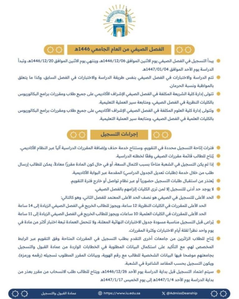 تسجيل الطلاب بالفصل الصيفي في الجامعة الإسلامية الاثنين المقبل