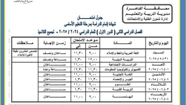 تفاصيل جدول امتحانات الصف الثالث الإعدادي الترم الثاني 2025 في محافظة القاهرة تثير اهتمام الطلاب وأولياء الأمور