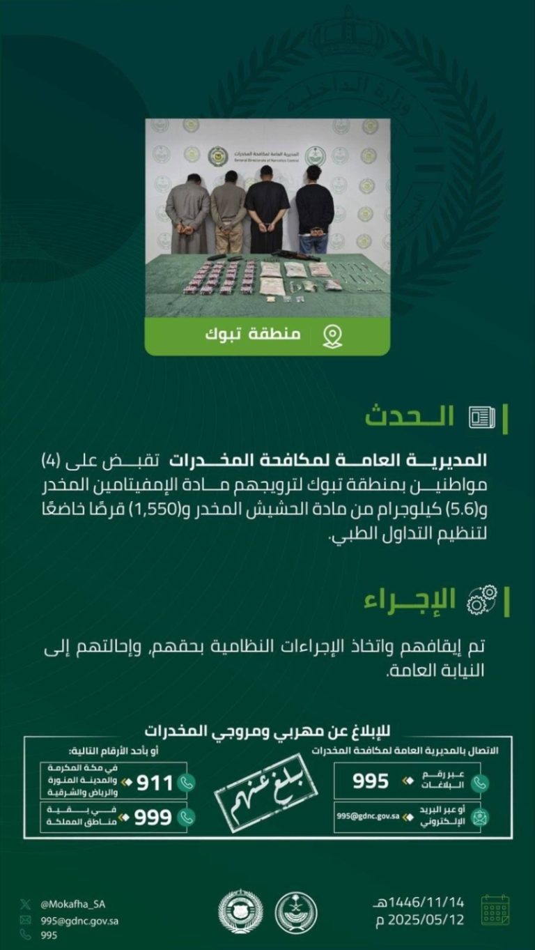 توقيف 4 متهمين بتبوك لارتكابهم ترويج المخدرات