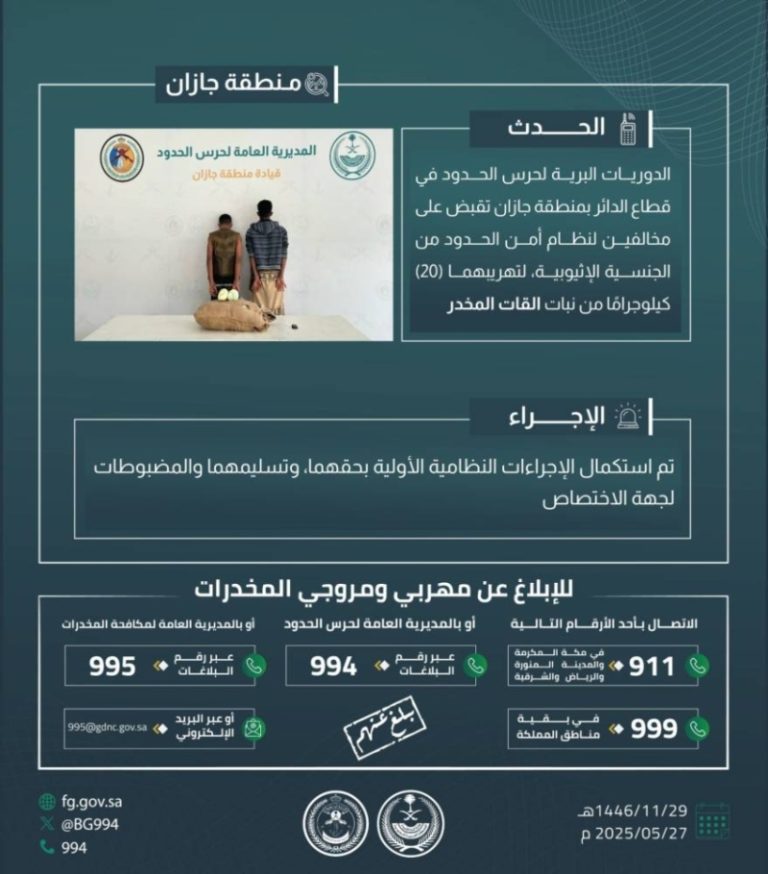 حرس الحدود بجازان يتصدى لمخالفين بتهريب 20 كيلوجرامًا من القات المخدر