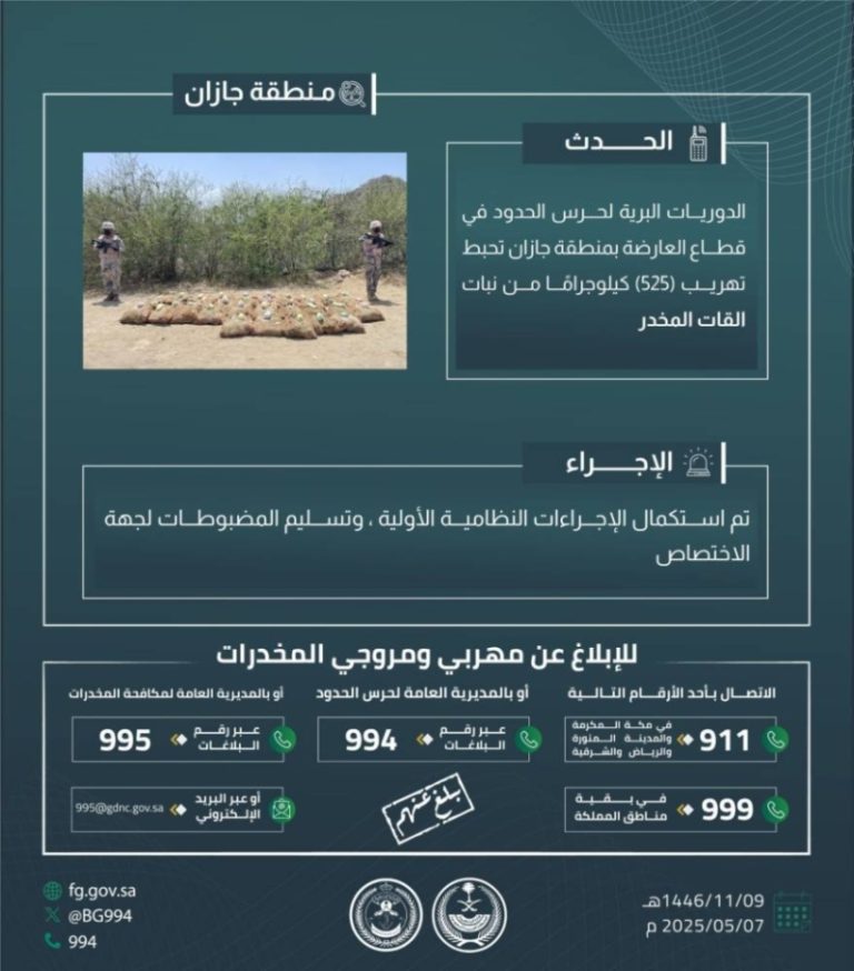 حرس الحدود بجازان ينجح في إحباط تهريب 525 كيلوغرامًا من نبات القات المخدر
