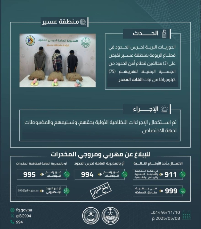 حرس الحدود بعسير يتمكن من القبض على 3 مخالفين لنظام أمن الحدود أثناء تهريب 75 كلجم من نبات القات المخدر