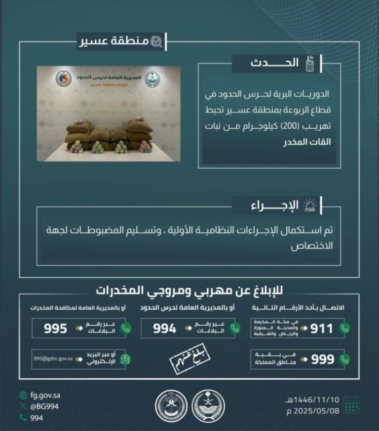 حرس الحدود بعسير ينجح في إحباط تهريب 200 كيلوجرام من القات المخدر