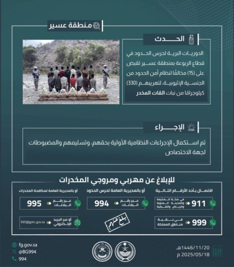 حرس الحدود بعسير ينجح في القبض على 15 مخالفًا لتهريب 330 كيلوجرامًا من نبات القات المخدر