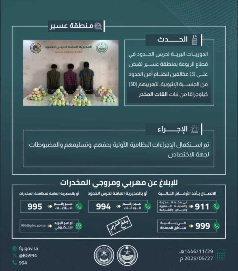 حرس الحدود بعسير ينجح في القبض على 3 مهربين لنظام أمن الحدود مع 30 كجم من نبات القات