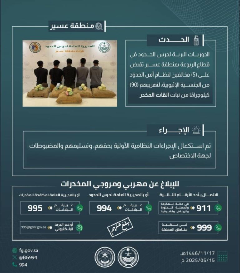 حرس الحدود بعسير ينجح في القبض على 5 مخالفين لتهريب 90 كلجم من القات المخدر