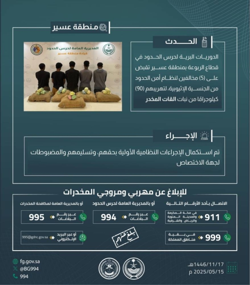 حرس الحدود بعسير ينجح في القبض على 5 مخالفين لتهريب 90 كلجم من القات المخدر