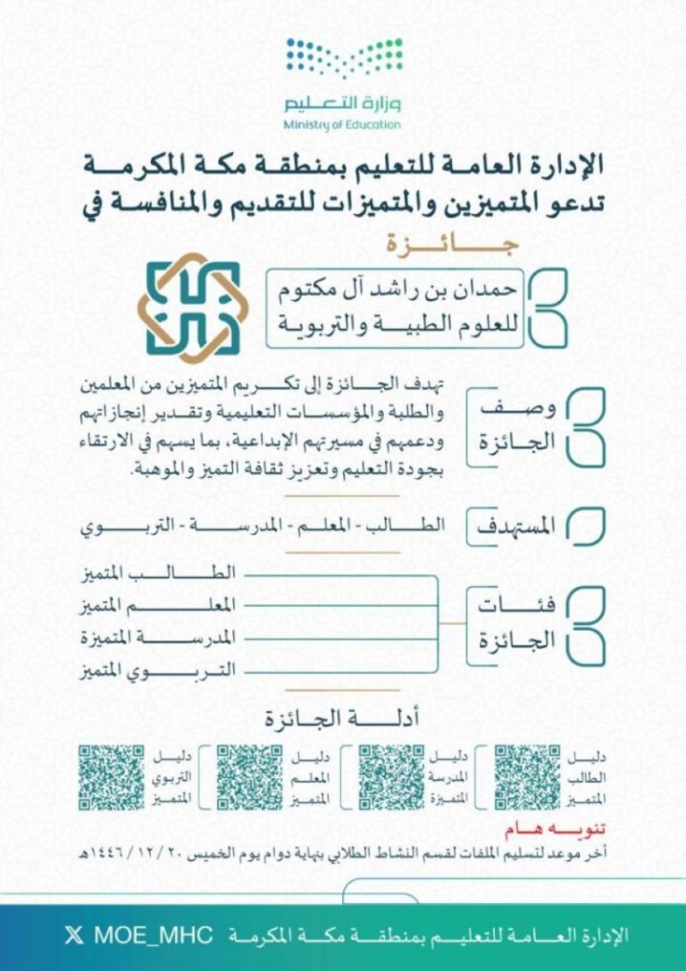 دعوة للتسجيل” في “جائزة حمدان” من “تعليم مكة