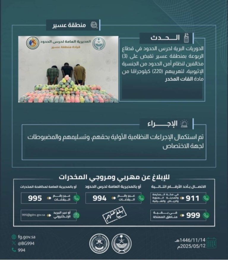 ضبط 3 مخالفين في عسير لتهريب 220 كيلوجرامًا من القات المخدر