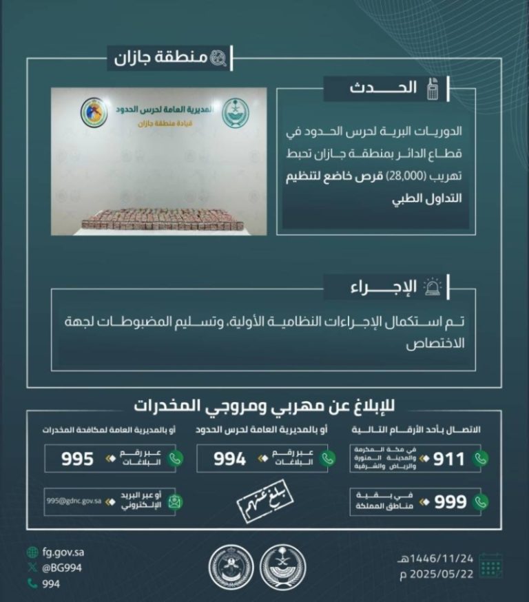 ضبط حرس الحدود بجازان 28,000 قرص مخدر أثناء محاولة التهريب