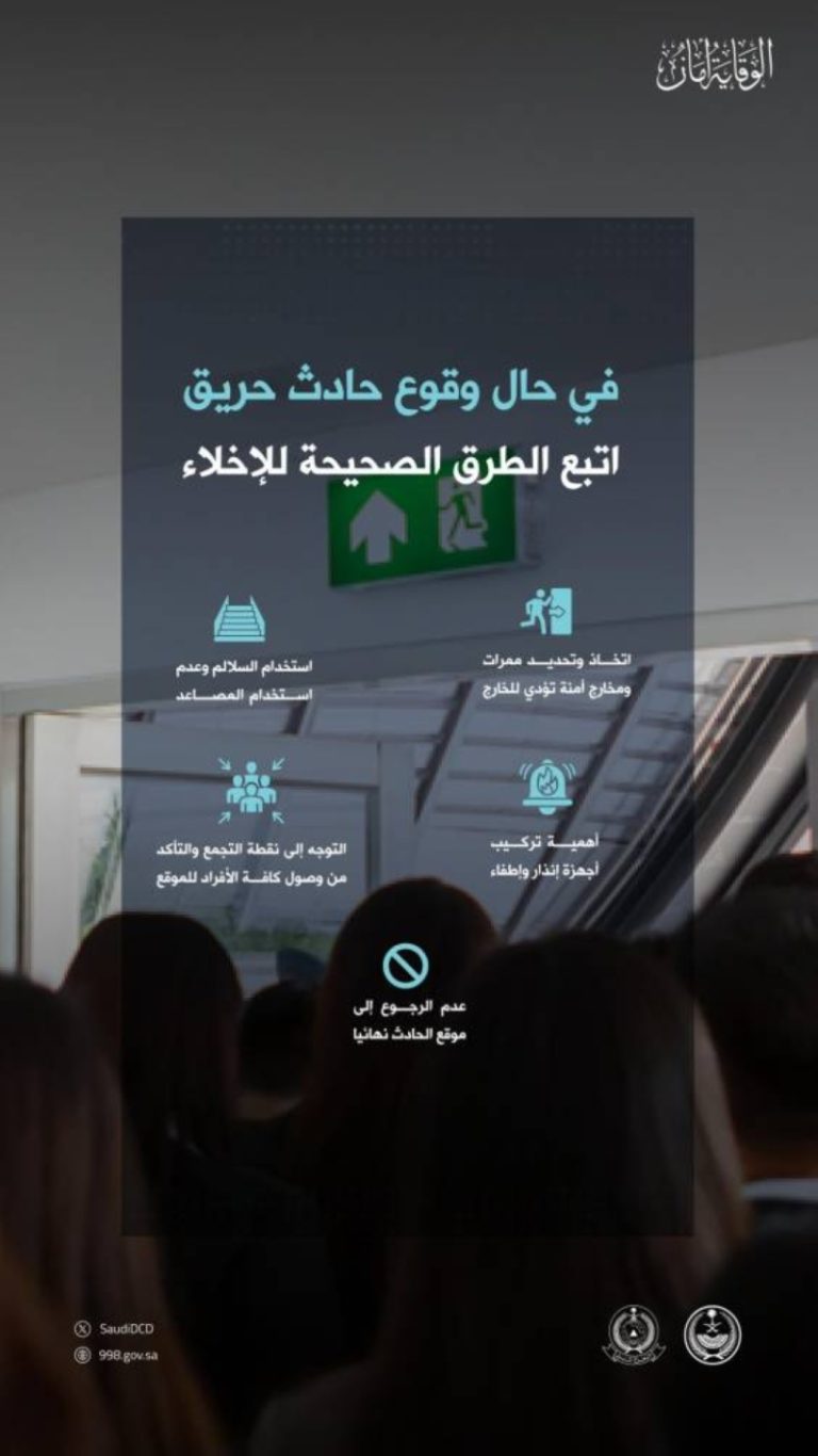“طرق الإخلاء الصحيحة” يوضحها الدفاع المدني في حالة حريق