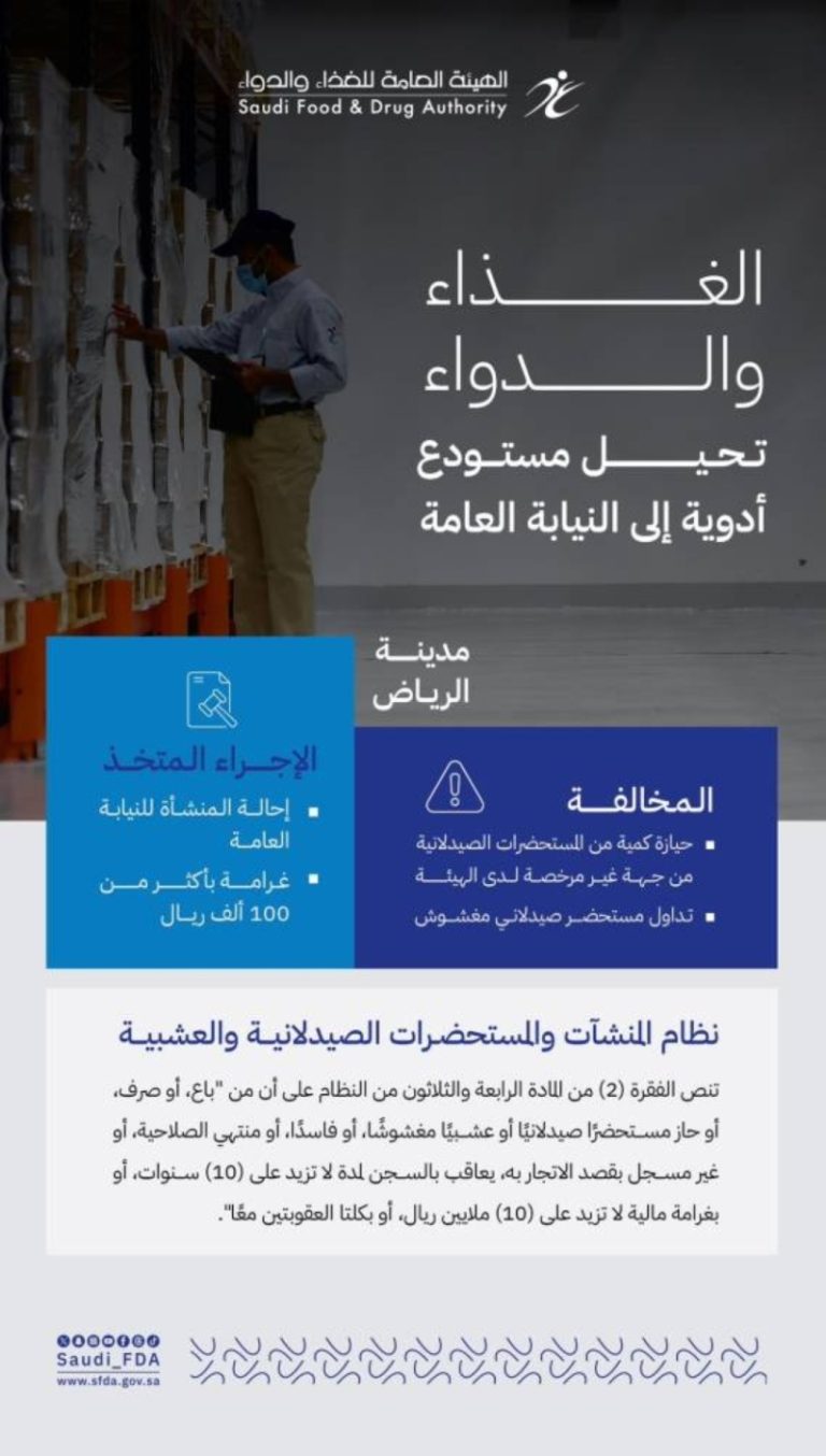 غرامة 112,000 ريال على مستودع أدوية بالرياض وإحالته للنيابة العامة من “الغذاء والدواء”