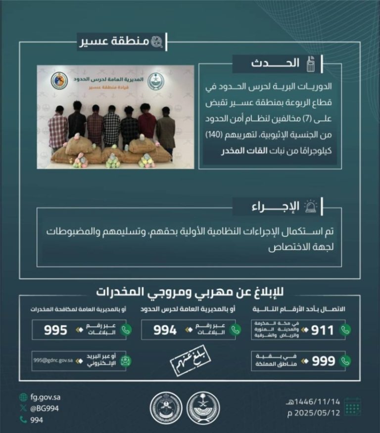 قبض حرس الحدود بعسير على 7 مخالفين لتهريب 140 كلجم من نبات القات المخدر