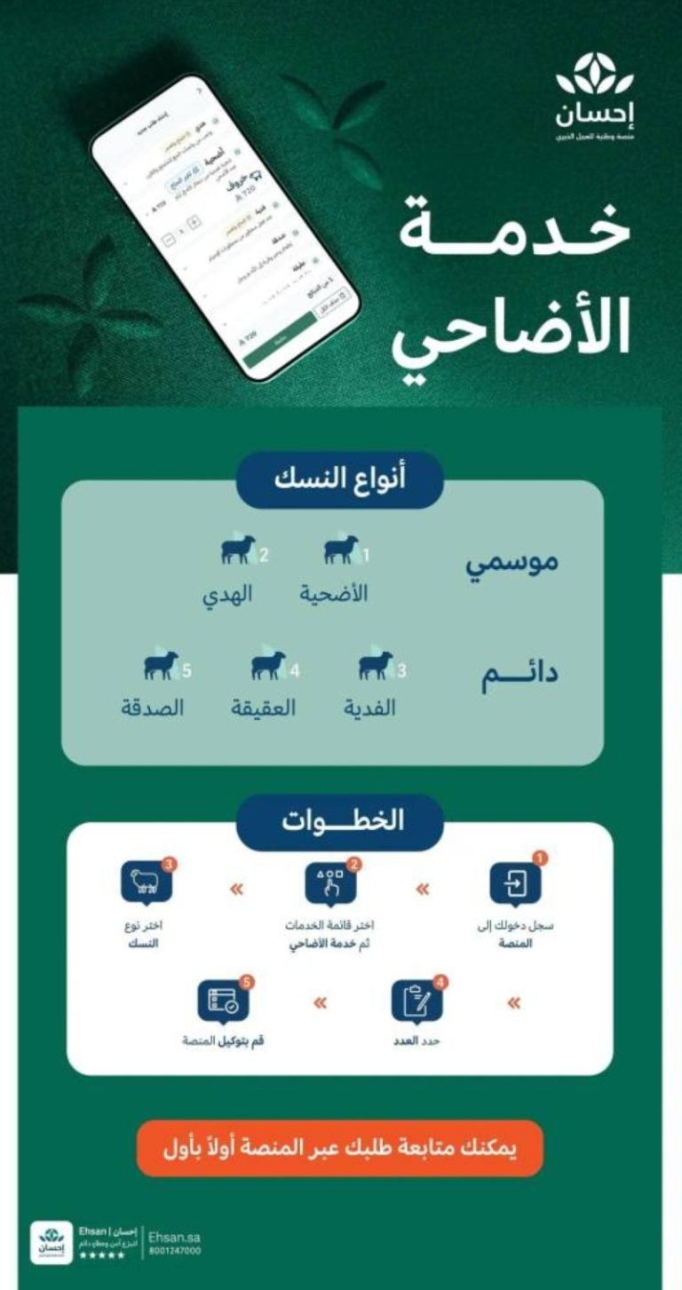منصة “إحسان” تستقبل طلبات الأضاحي لموسم حج 1446هـ بالتعاون مع مشروع “أضاحي”