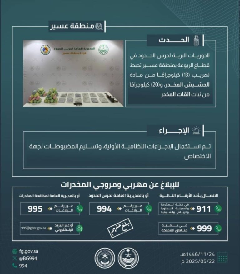 نجاح أمني في إحباط تهريب 13 كجم من الحشيش و20 كجم من القات بـ”الربوعة”