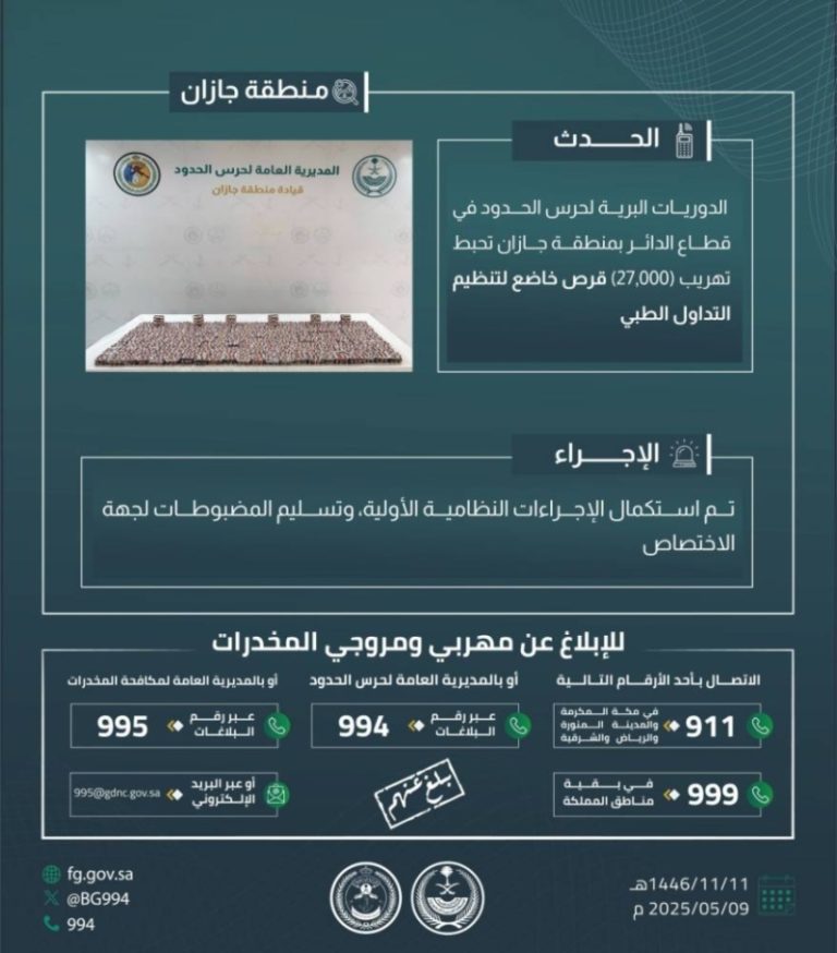 نجاح أمني في إحباط تهريب 27000 قرص مخدر بـ”الدائر”