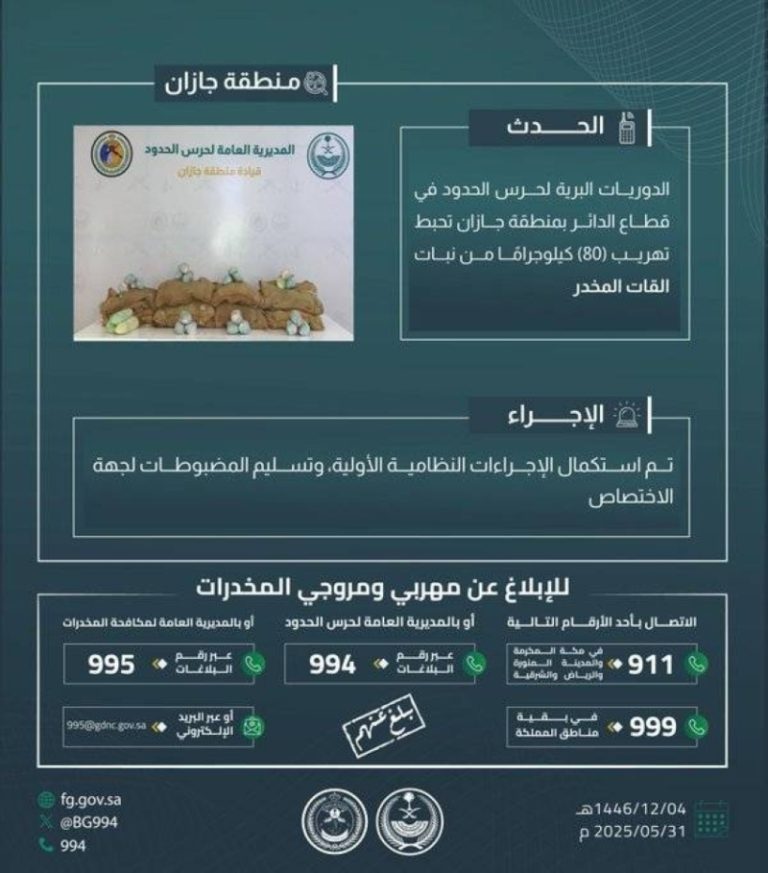 نجاح أمني في إحباط تهريب 80 كجم من القات بالدائر