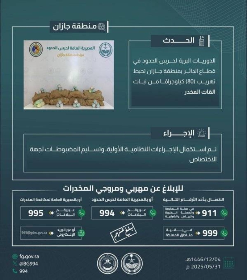نجاح أمني في إحباط تهريب 80 كجم من القات بالدائر
