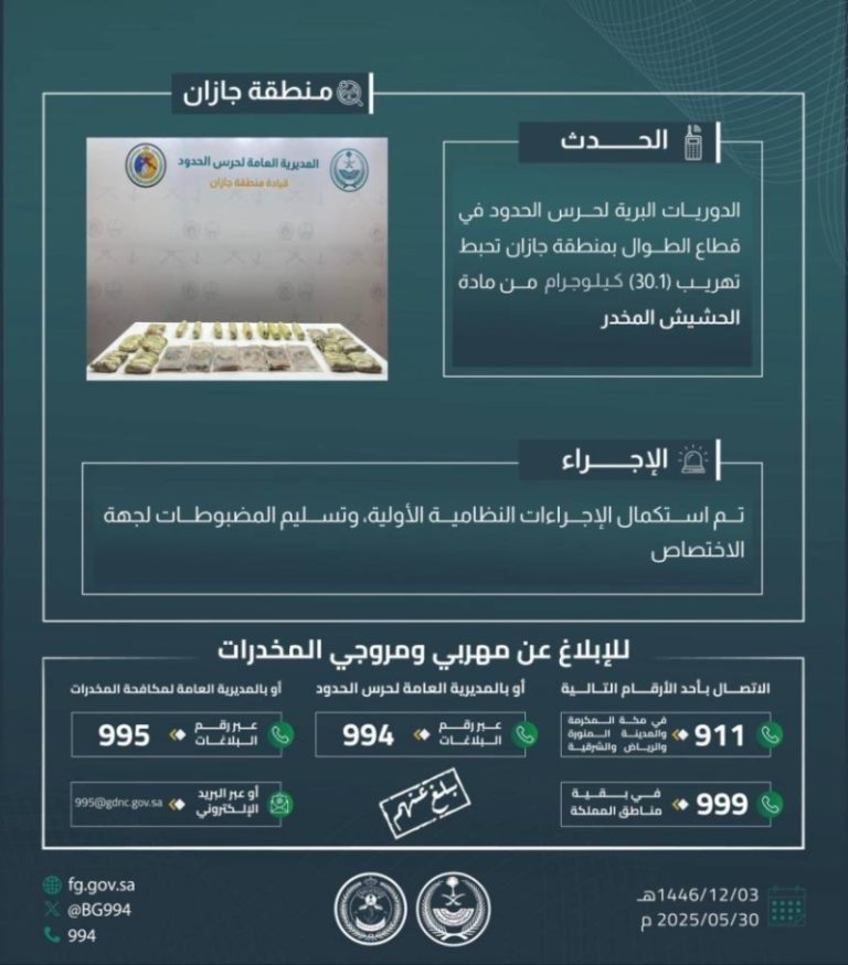 نجاح السلطات في إحباط تهريب 30.1 كجم من الحشيش بالطوال
