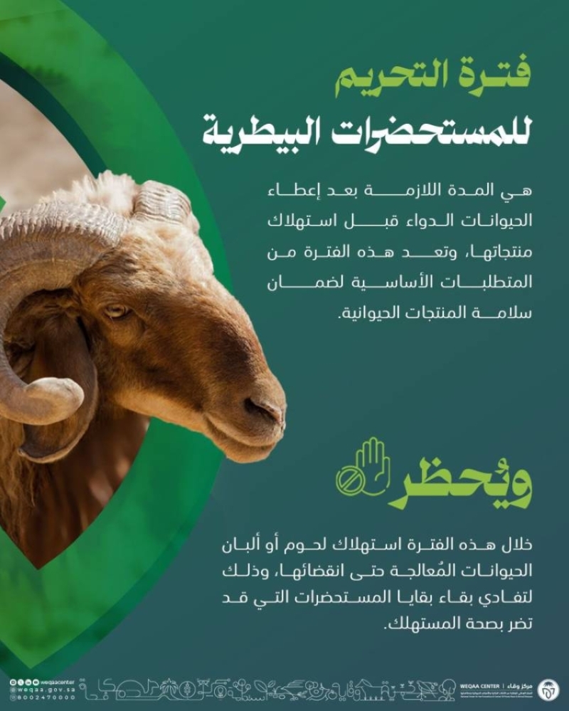 نصائح مركز “وقاء” حول متابعة فترة التحريم للمستحضرات البيطرية للحيوانات