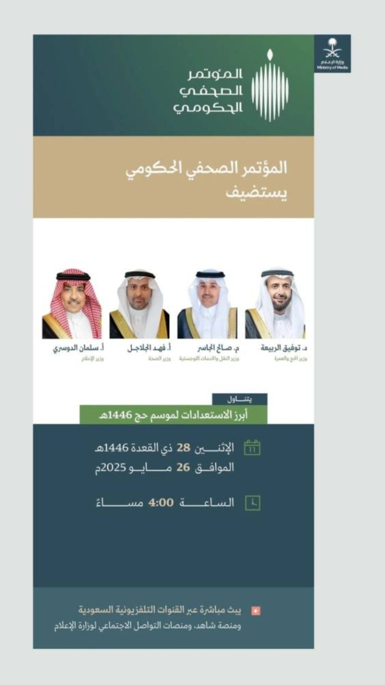 وزراء الحج والنقل والصحة والإعلام يشاركون في المؤتمر الصحفي الحكومي بعد غد