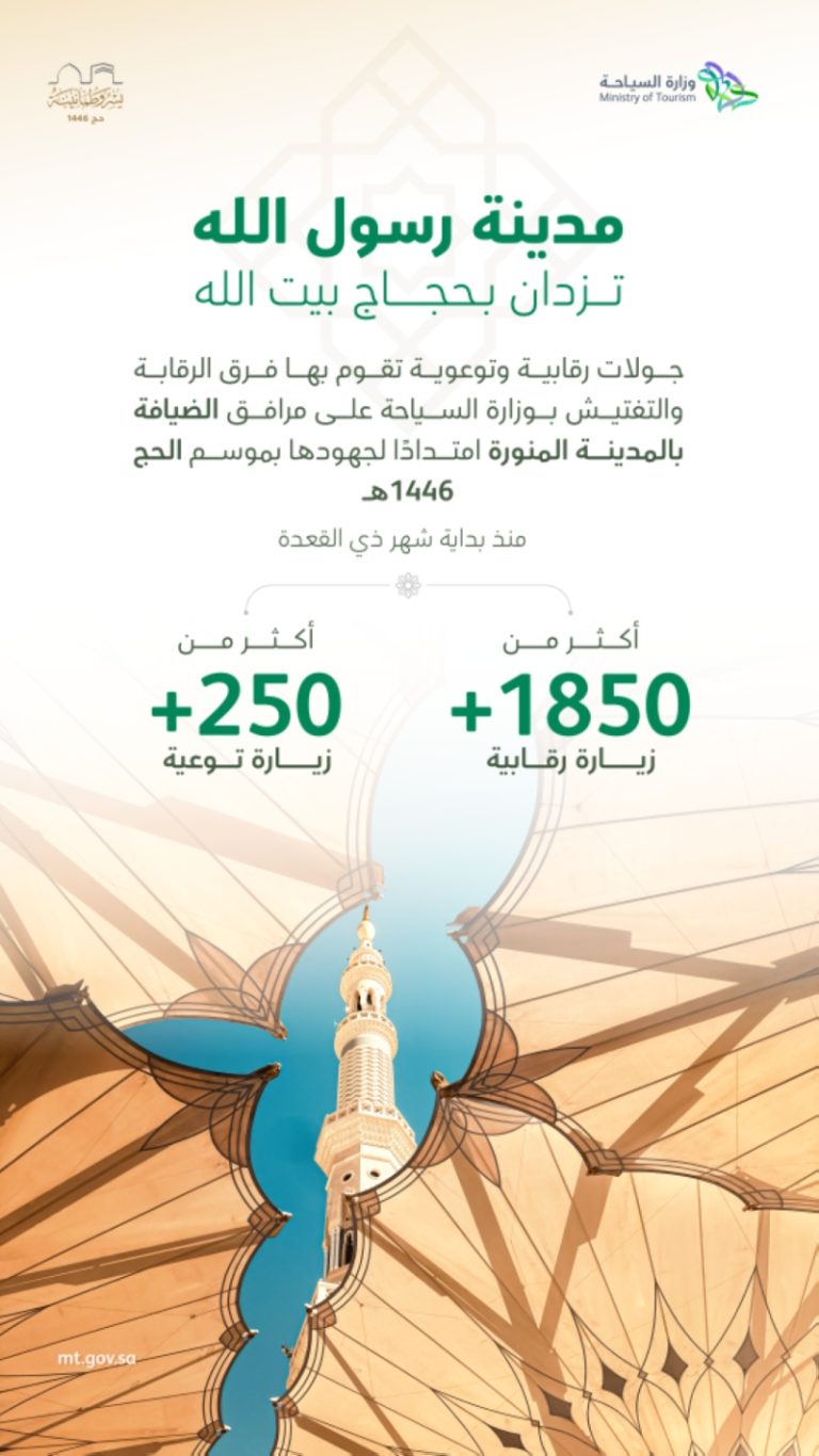 1850 زيارة رقابية للسياحة في مرافق الضيافة بالمدينة المنورة