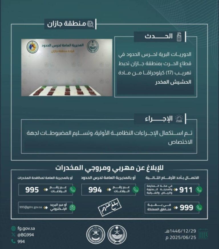 أحبط حرس الحدود بجازان تهريب 17 كيلوجرامًا من مادة الحشيش المخدر