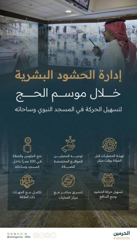 “إدارة الحشود في المسجد النبوي” تعزز جهودها لموسم الحج