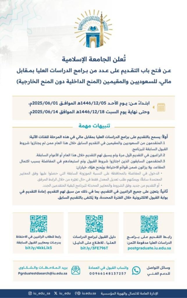 إطلاق باب القبول للدراسات العليا في الجامعة الإسلامية للسعوديين والمقيمين