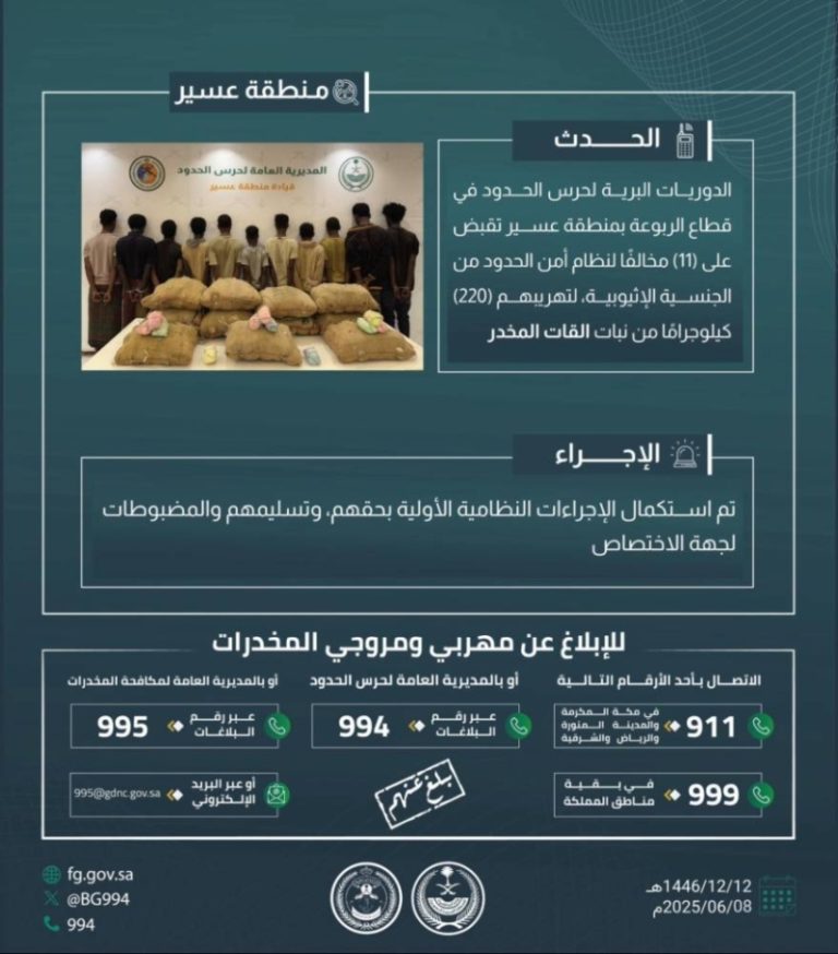 إلقاء القبض على 11 مخالفًا لتهريب 220 كجم من القات في الربوعة