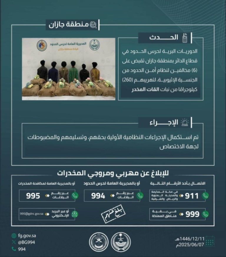 اعتقال ستة مخالفين لتهريب 260 كجم من القات في “الدائر”