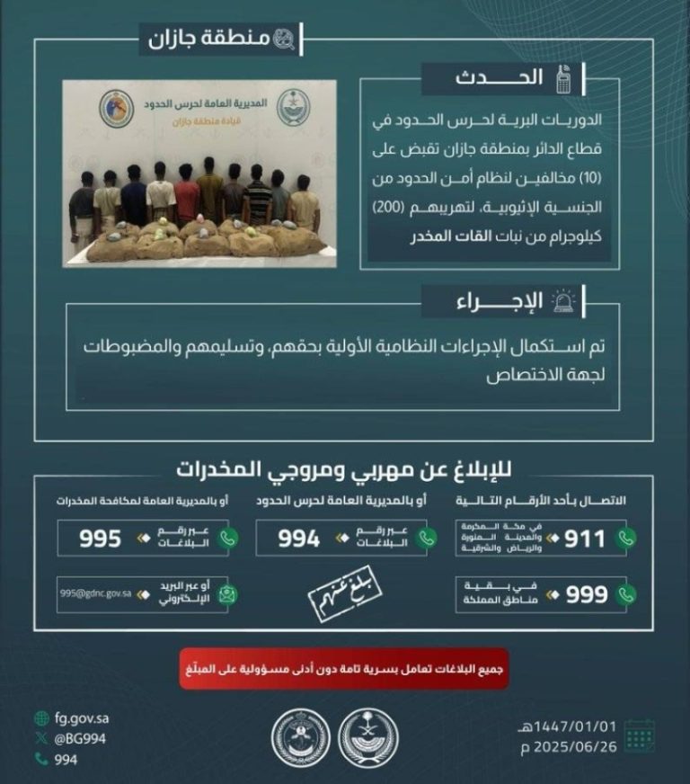 اعتقال عشرة مهربين بجازان لنقلهم 200 كيلوجرام من القات