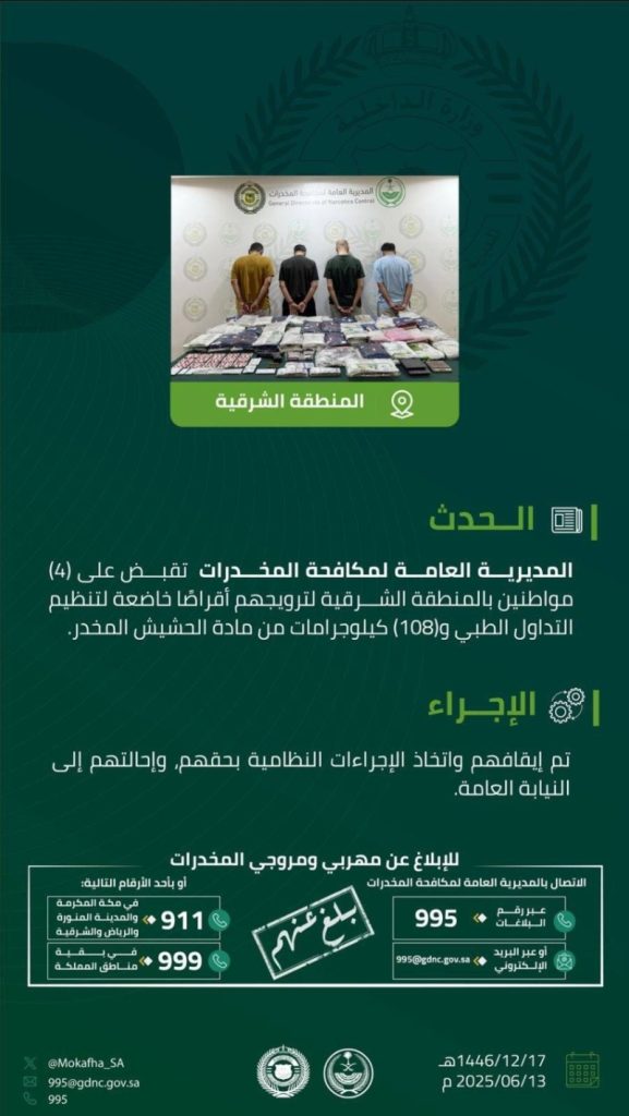 القبض على أربعة متهمين بالشرقية في قضايا ترويج مخدرات