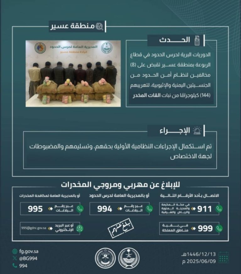 القبض على ثمانية مخالفين بحرس الحدود بعسير لتهريب 144 كيلوجرامًا من القات المخدر