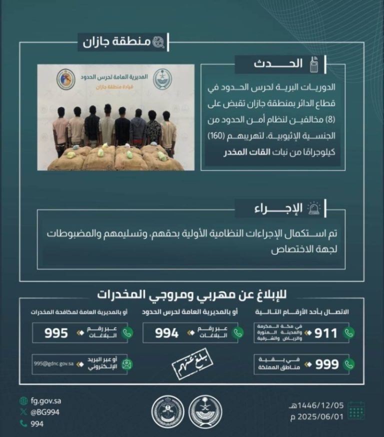 القبض على ثمانية مهربين بحوزتهم 160 كجم من القات في “الدائر”
