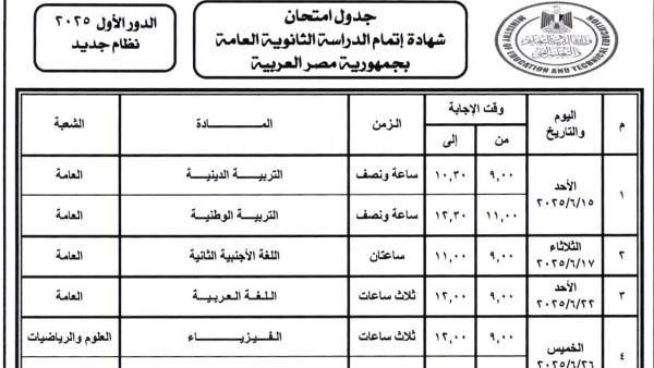 امتحانات الثانوية العامة 2025 انطلاقها بعد 4 أيام
جدول امتحانات الثانوية العامة 2025 موحد في جميع المحافظات
طلاب الثانوية العامة 2025 يستعدون لامتحاناتهم بعد 4 أيام